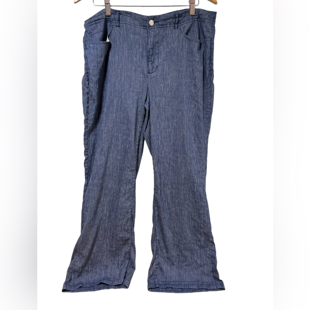 NYDJ Blue White Pinstripe Linen Blend Wide Leg Pants Petite 12P Trousers #274